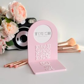QR-kódos asztali tábla Vattacukor rózsaszín - Fehér